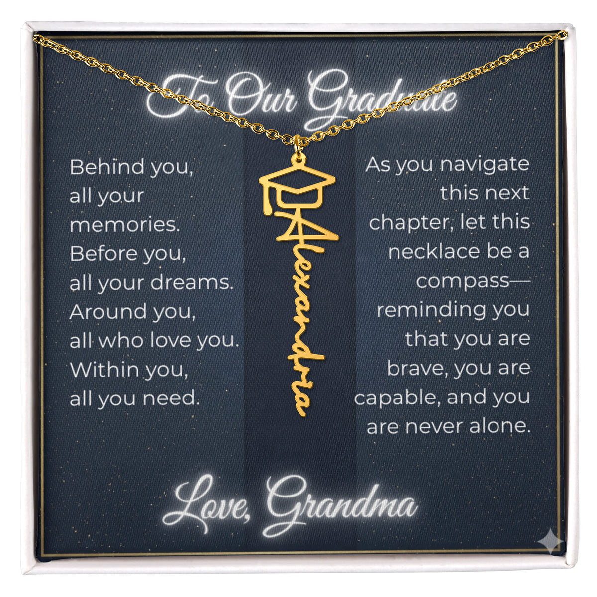 Custom Class of 2027 Graduation Name Necklace | Vertical Pendant & Cap Icon (Grandma)