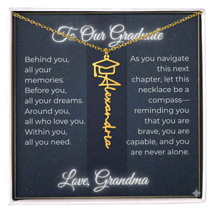 Custom Class of 2027 Graduation Name Necklace | Vertical Pendant & Cap Icon (Grandma)