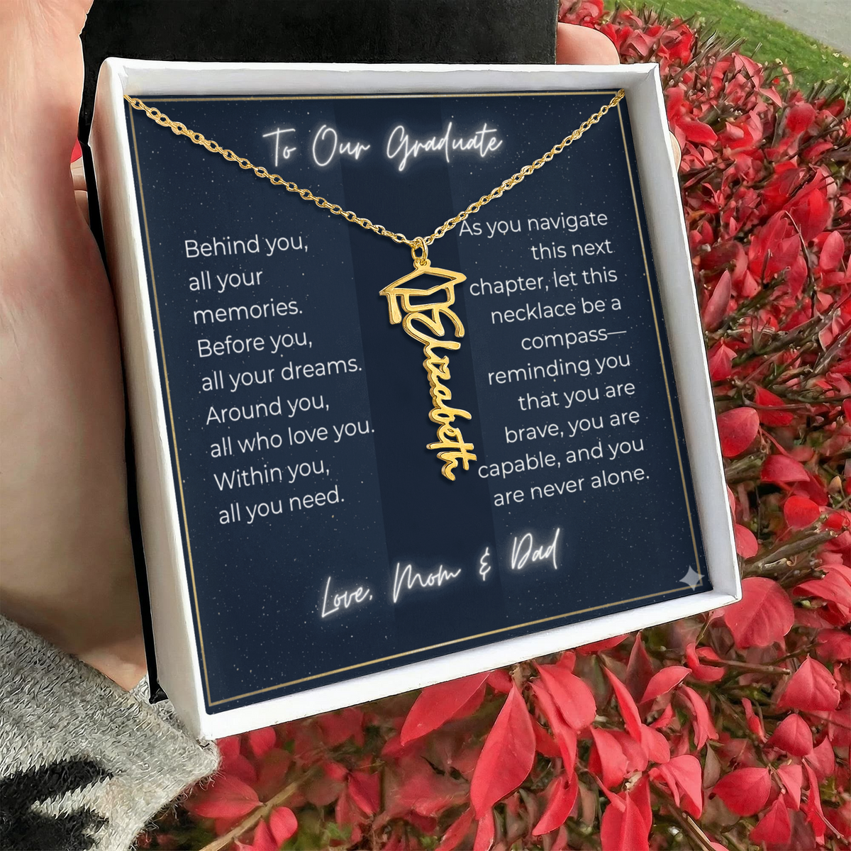 Custom Class of 2027 Graduation Name Necklace | Vertical Pendant & Cap Icon (1-Mom & Dad)
