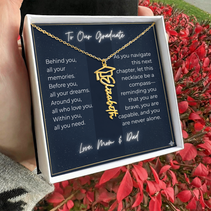 Custom Class of 2027 Graduation Name Necklace | Vertical Pendant & Cap Icon (1-Mom & Dad)