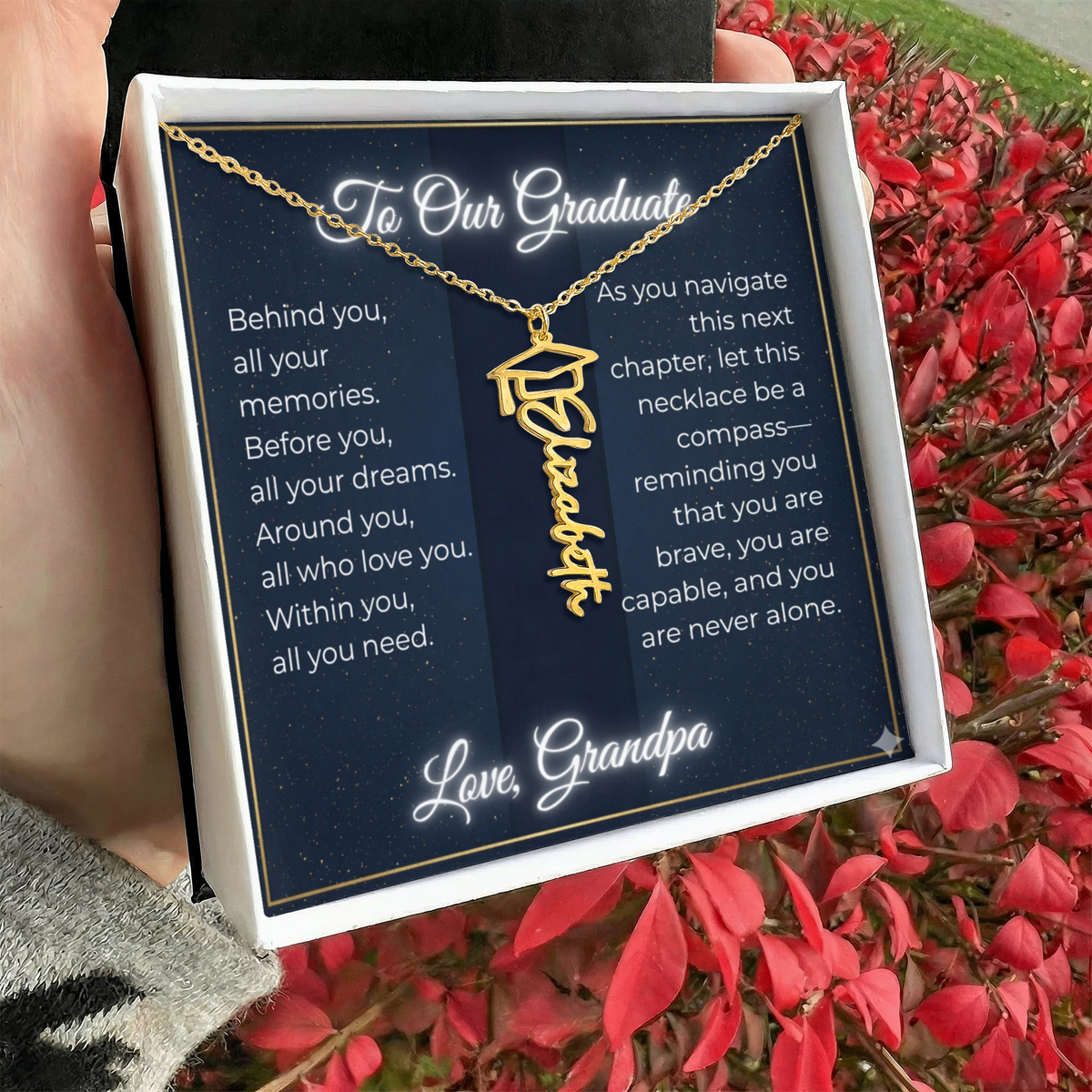 Custom Class of 2027 Graduation Name Necklace | Vertical Pendant & Cap Icon (Grandpa)