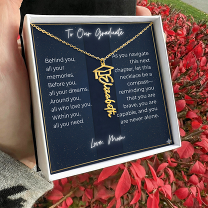 Custom Class of 2027 Graduation Name Necklace | Vertical Pendant & Cap Icon (Mom)