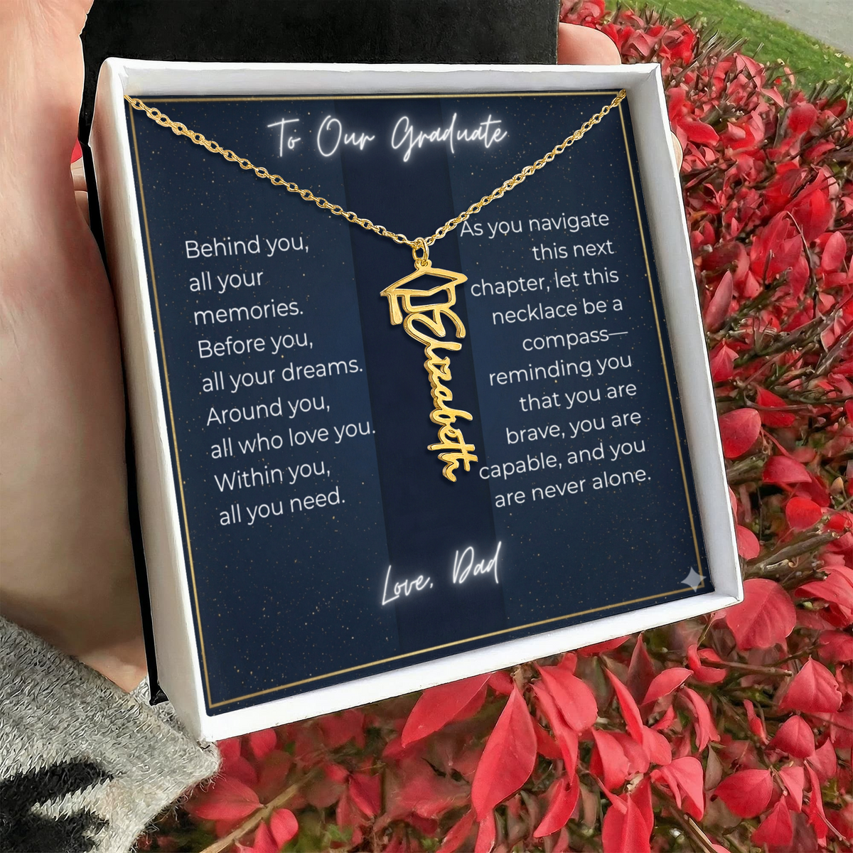 Custom Class of 2027 Graduation Name Necklace | Vertical Pendant & Cap Icon (Dad)