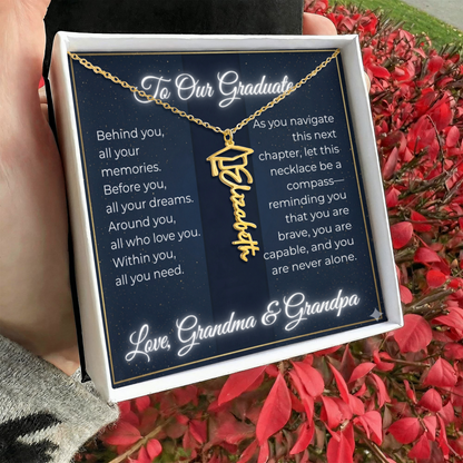 Custom Class of 2027 Graduation Name Necklace | Vertical Pendant & Cap Icon (Grandma & Grandpa)