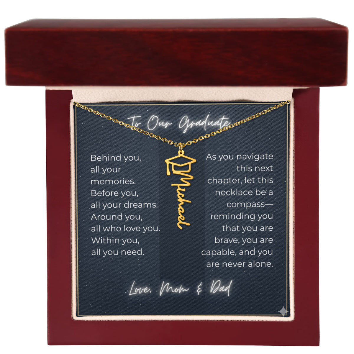 Custom Class of 2027 Graduation Name Necklace | Vertical Pendant & Cap Icon (1-Mom & Dad)
