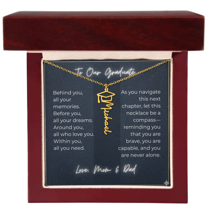 Custom Class of 2027 Graduation Name Necklace | Vertical Pendant & Cap Icon (1-Mom & Dad)