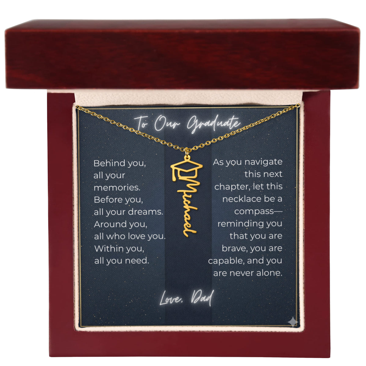 Custom Class of 2027 Graduation Name Necklace | Vertical Pendant & Cap Icon (Dad)