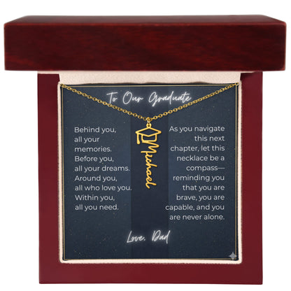 Custom Class of 2027 Graduation Name Necklace | Vertical Pendant & Cap Icon (Dad)