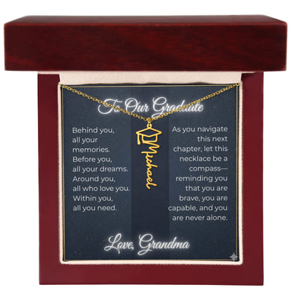 Custom Class of 2027 Graduation Name Necklace | Vertical Pendant & Cap Icon (Grandma)