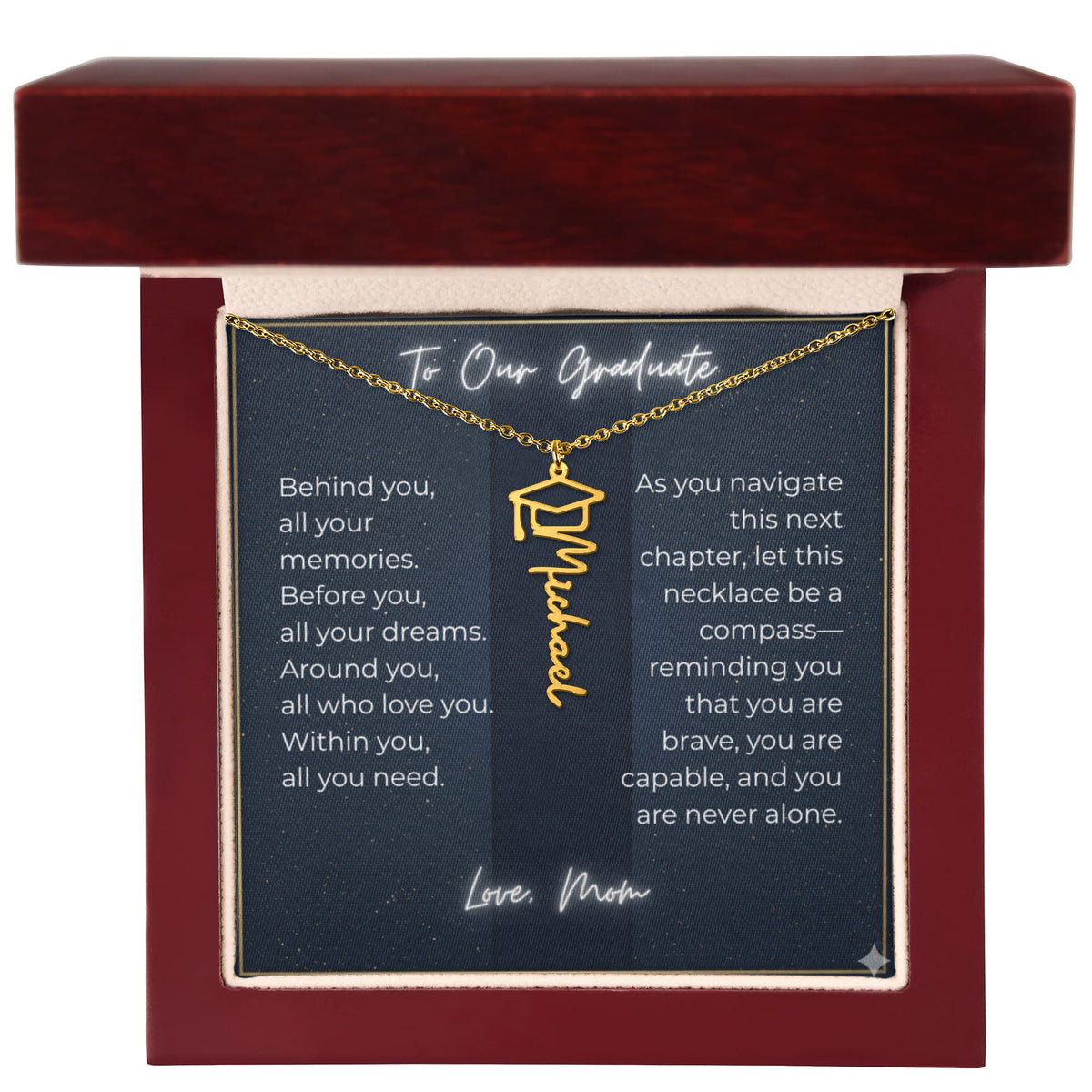 Custom Class of 2027 Graduation Name Necklace | Vertical Pendant & Cap Icon (Mom)