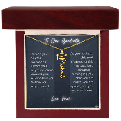 Custom Class of 2027 Graduation Name Necklace | Vertical Pendant & Cap Icon (Mom)