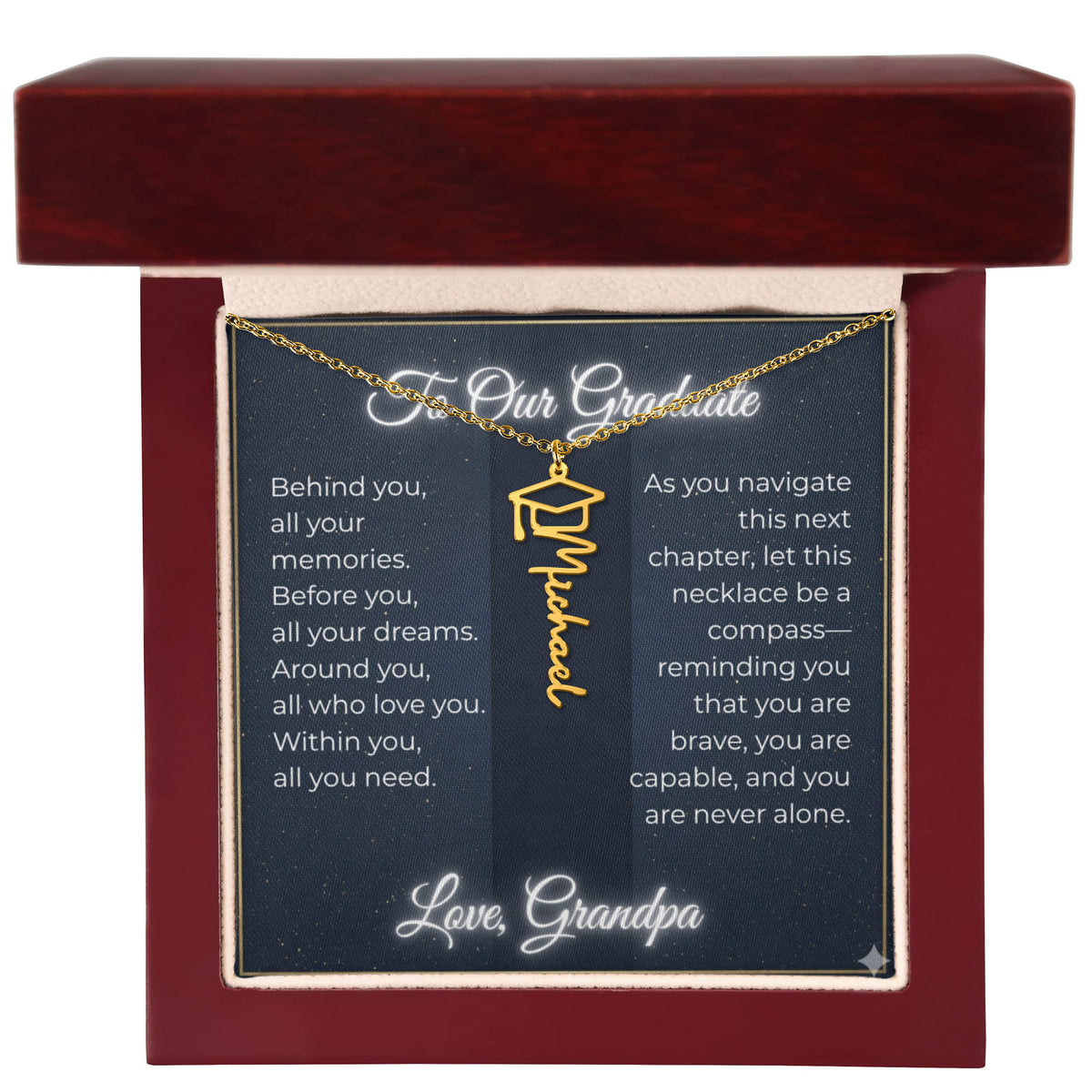 Custom Class of 2027 Graduation Name Necklace | Vertical Pendant & Cap Icon (Grandpa)