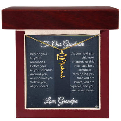 Custom Class of 2027 Graduation Name Necklace | Vertical Pendant & Cap Icon (Grandpa)