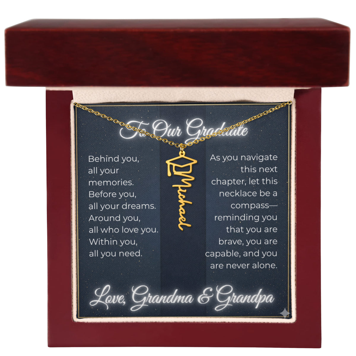 Custom Class of 2027 Graduation Name Necklace | Vertical Pendant & Cap Icon (Grandma & Grandpa)