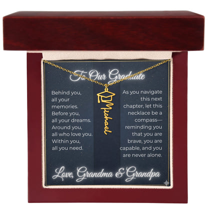 Custom Class of 2027 Graduation Name Necklace | Vertical Pendant & Cap Icon (Grandma & Grandpa)