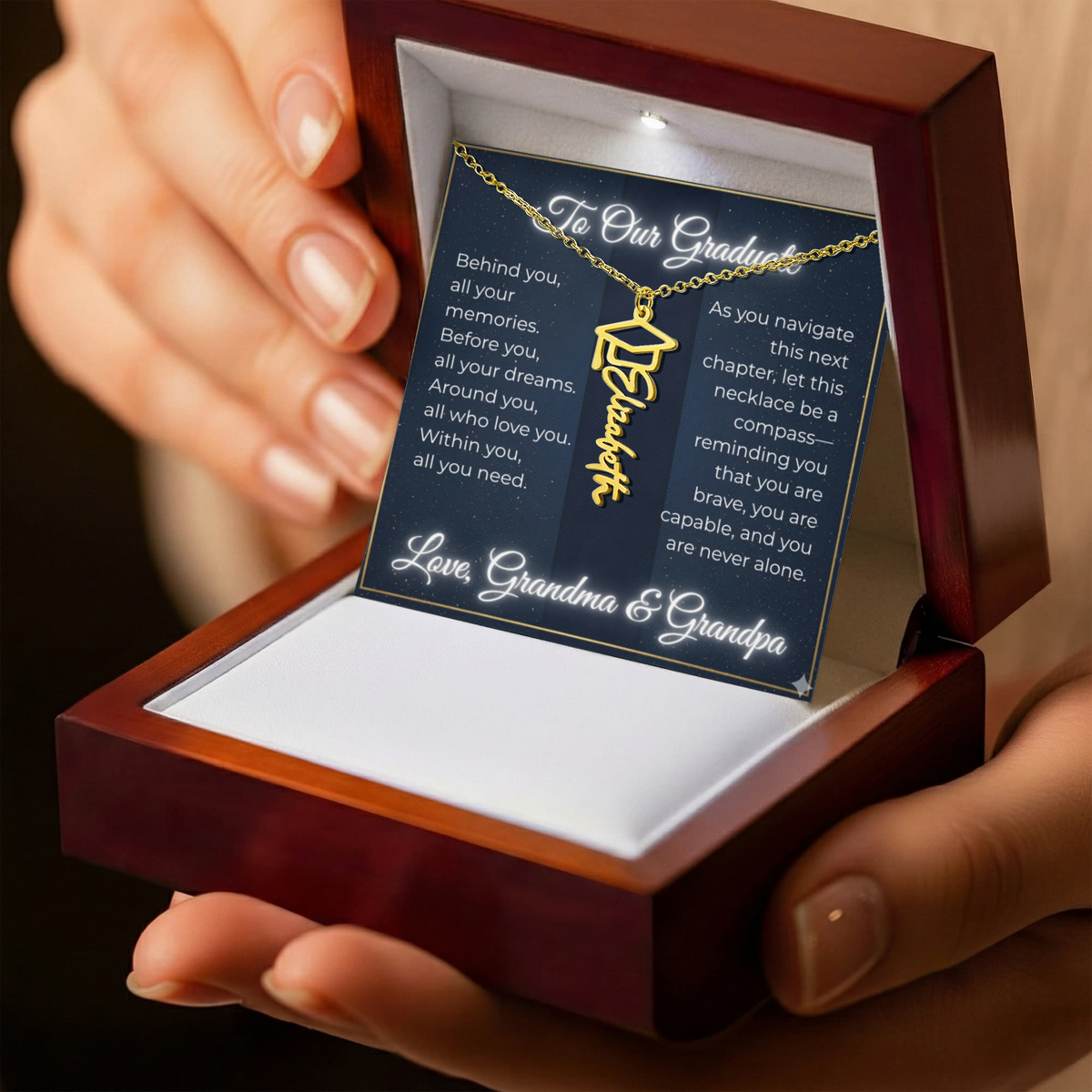 Custom Class of 2027 Graduation Name Necklace | Vertical Pendant & Cap Icon (Grandma & Grandpa)