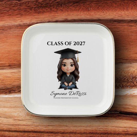 Custom Graduation Ring Dish (Black Cap & Gown) | Elegant Ceramic Keepsake Gift for Her