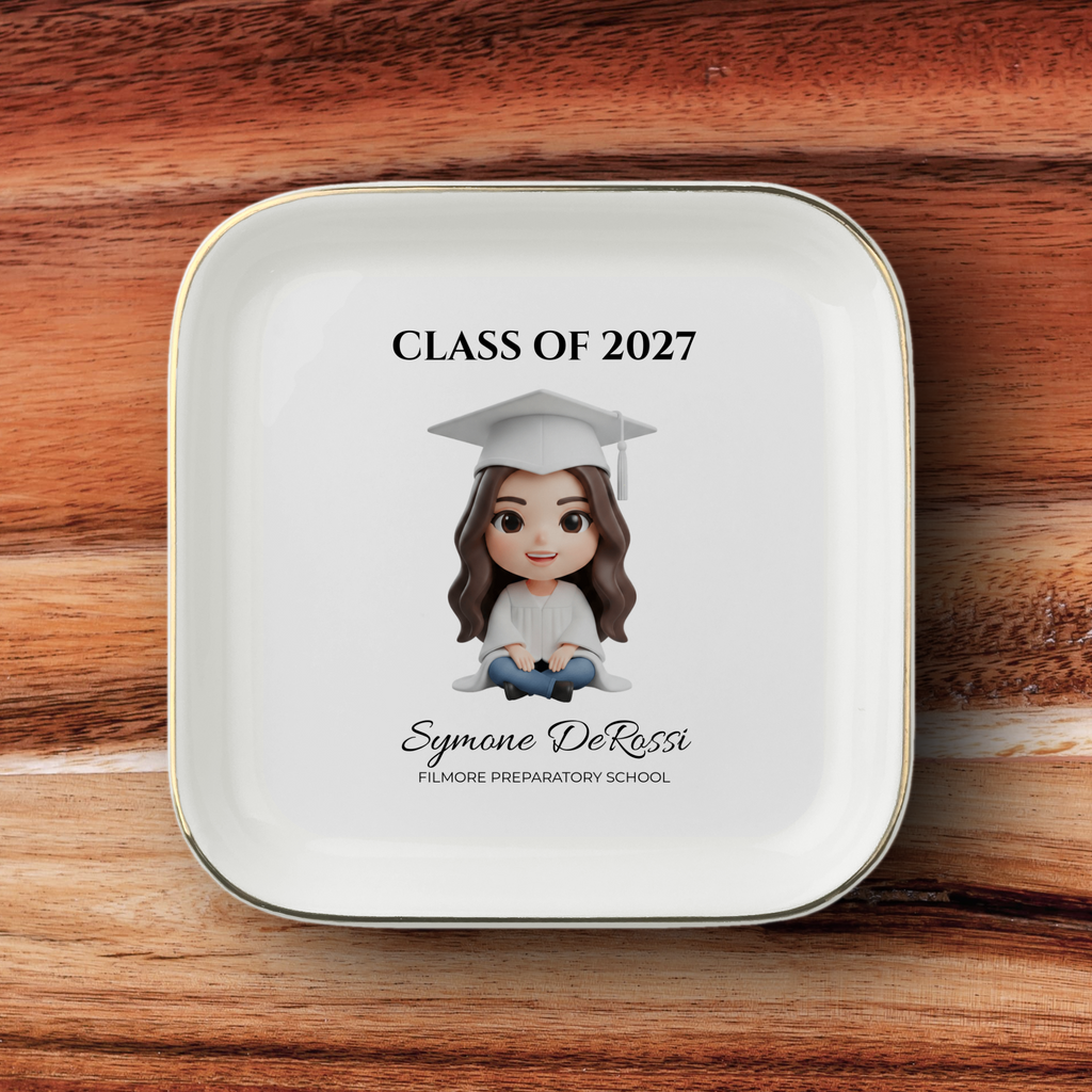 Custom Graduation Ring Dish (White Cap & Gown) | Elegant Ceramic Keepsake Gift for Her