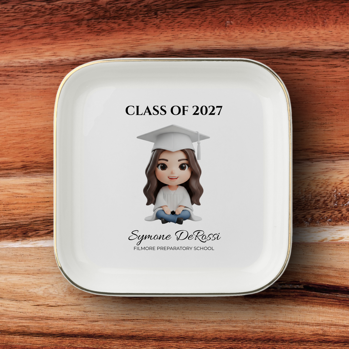 Custom Graduation Ring Dish (White Cap & Gown) | Elegant Ceramic Keepsake Gift for Her