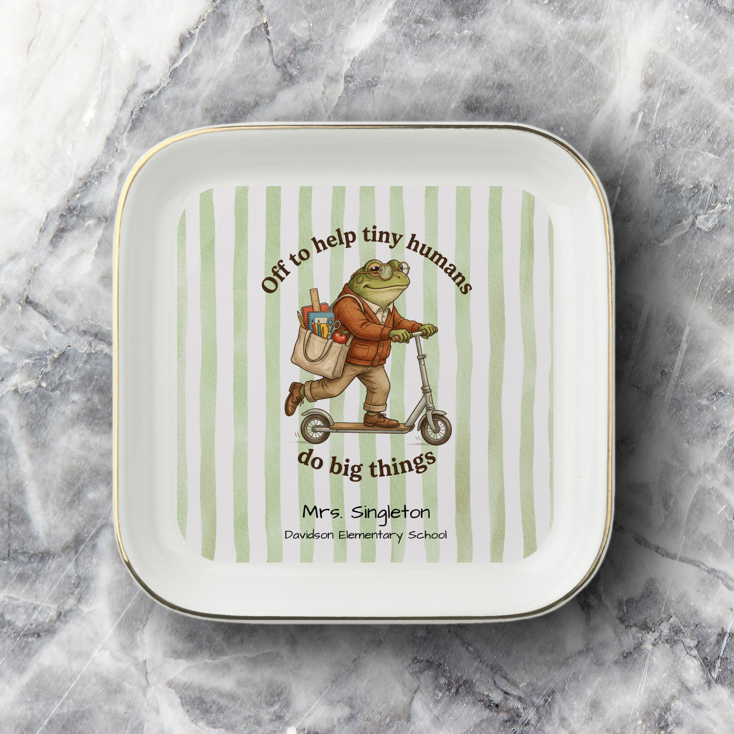 Viral Scooter Frog Teacher Appreciation Gift | Personalized Gold-Trimmed Ceramic Ring Dish