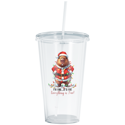 Funny Capybara Christmas Tumbler – “It’s Fine, I’m Fine, Everything’s Fine” 16oz Double Wall Acrylic Cup with Straw | Holiday Gift for Coffee & Cocoa Lovers