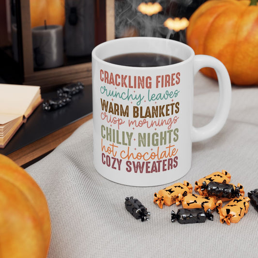 “Cozy Fall Vibes – Crackling Fires, Leaves & Hot Chocolate” Ceramic Mug, (11oz, 15oz)