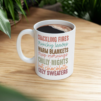 “Cozy Fall Vibes – Crackling Fires, Leaves & Hot Chocolate” Ceramic Mug, (11oz, 15oz)