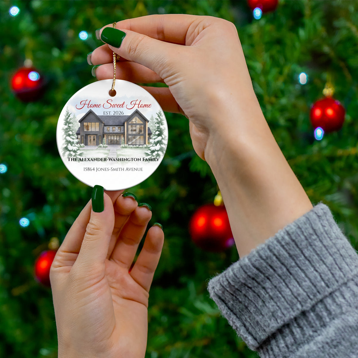 Custom House Portrait Ornament | First Christmas New Home Keepsake | Personalized Family Address Ceramic