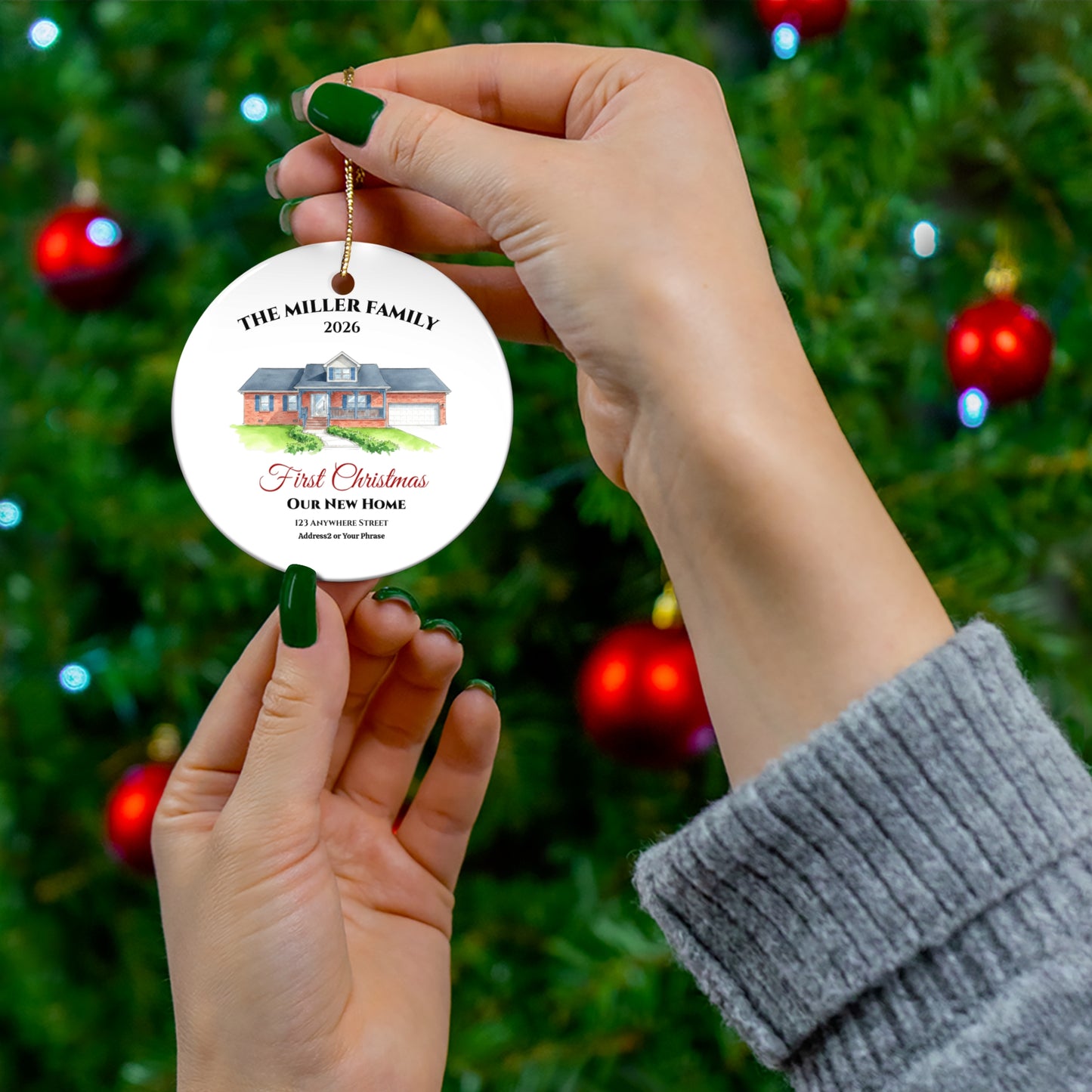 Custom House Portrait Ornament | First Christmas New Home Keepsake | Personalized Family Address Ceramic