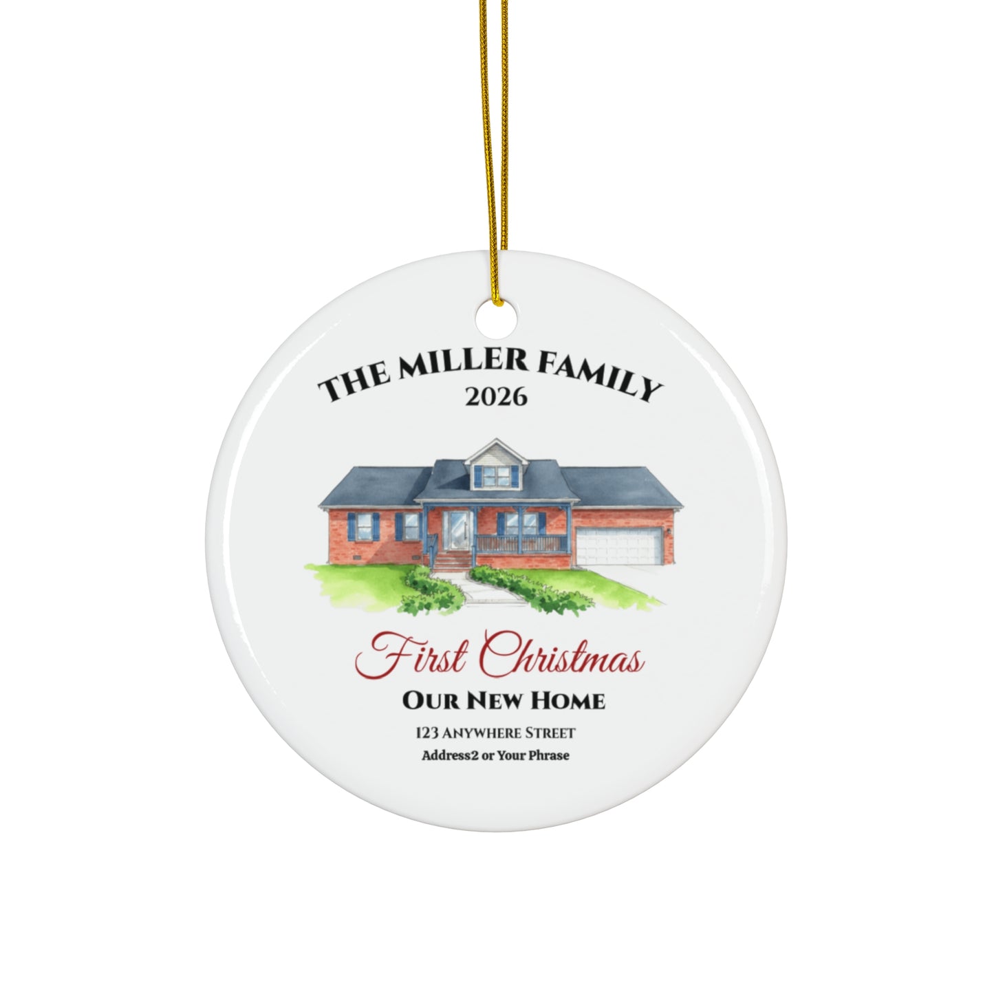 Custom House Portrait Ornament | First Christmas New Home Keepsake | Personalized Family Address Ceramic