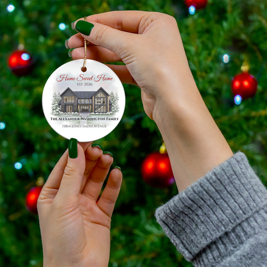Custom House Portrait Ornament | First Christmas New Home Keepsake | Personalized Family Address Ceramic