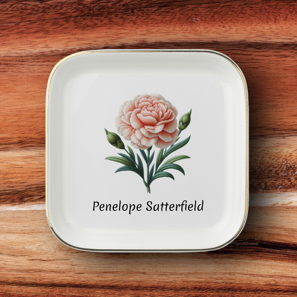 Personalized Birth Month Flower Jewelry Dish | Faux Embroidery Custom Ring Trinket Tray