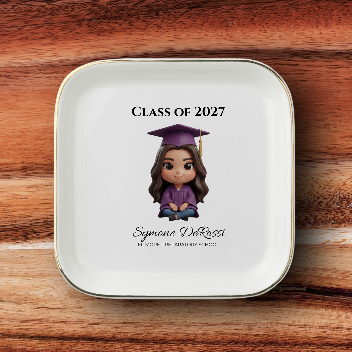 Custom graduation jewelry dish featuring graduate photo transformed into chibi art with purple cap and gown