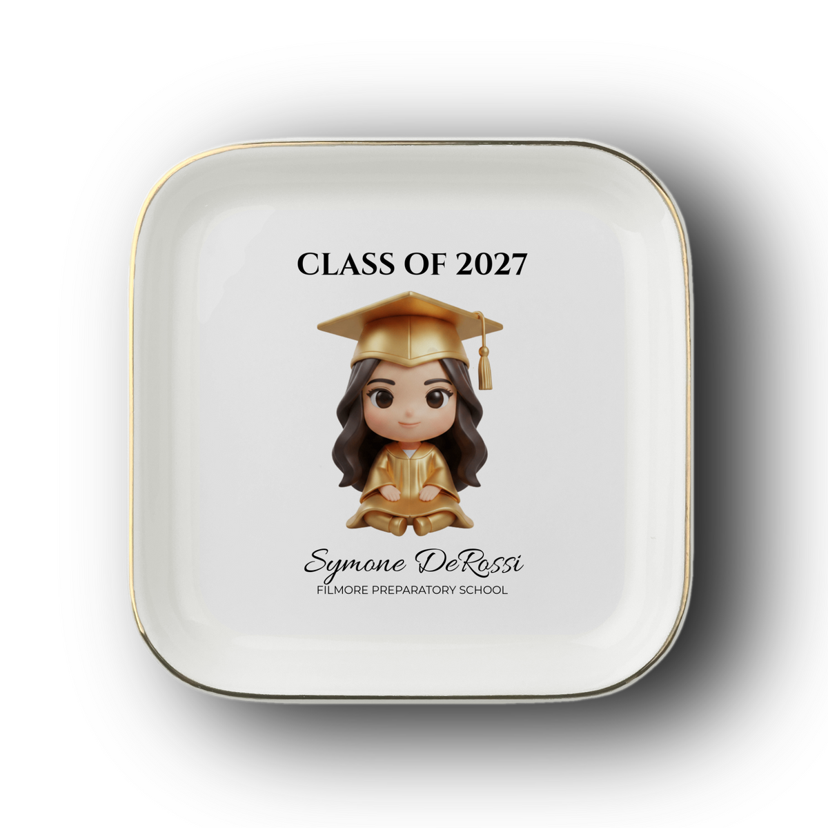 Custom Graduation Ring Dish (Gold Cap & Gown) | Elegant Ceramic Keepsake Gift for Her