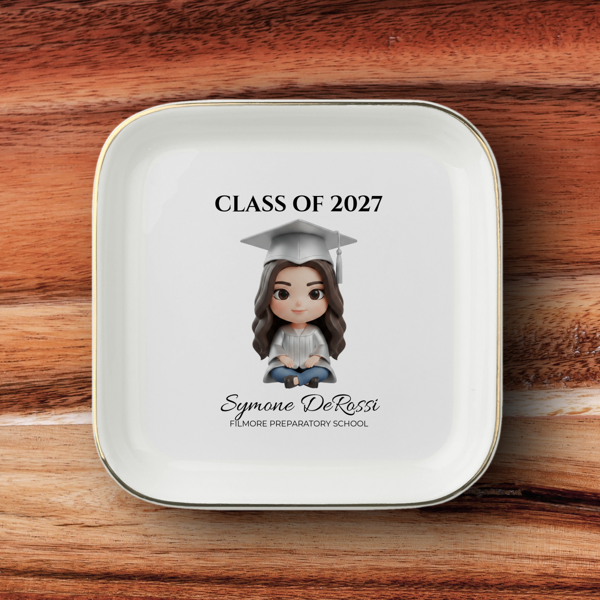 Custom graduation jewelry dish featuring graduate photo transformed into chibi art with silver cap and gown
