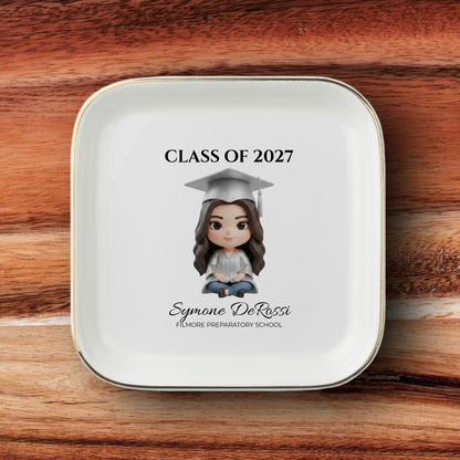 Custom graduation jewelry dish featuring graduate photo transformed into chibi art with silver cap and gown