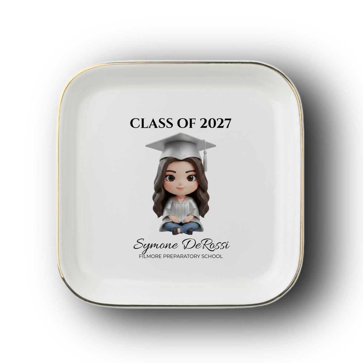 Custom Graduation Ring Dish (Silver Cap & Gown) | Elegant Ceramic Keepsake Gift for Her