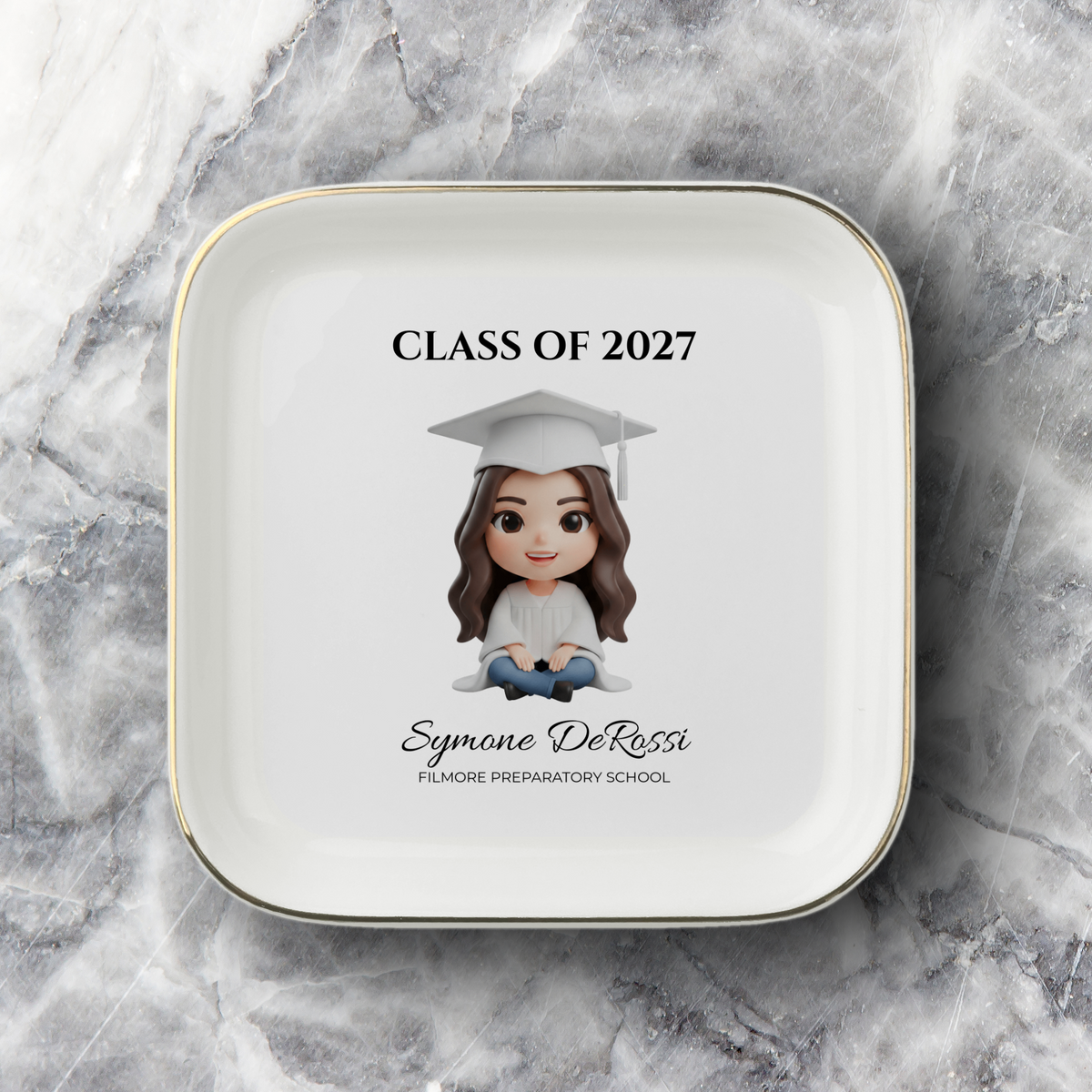 Custom Graduation Ring Dish (White Cap & Gown) | Elegant Ceramic Keepsake Gift for Her