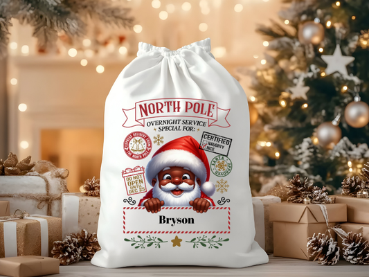 Personalized Santa Sack – Custom Canvas Drawstring Gift Bag with North Pole & Santa Design