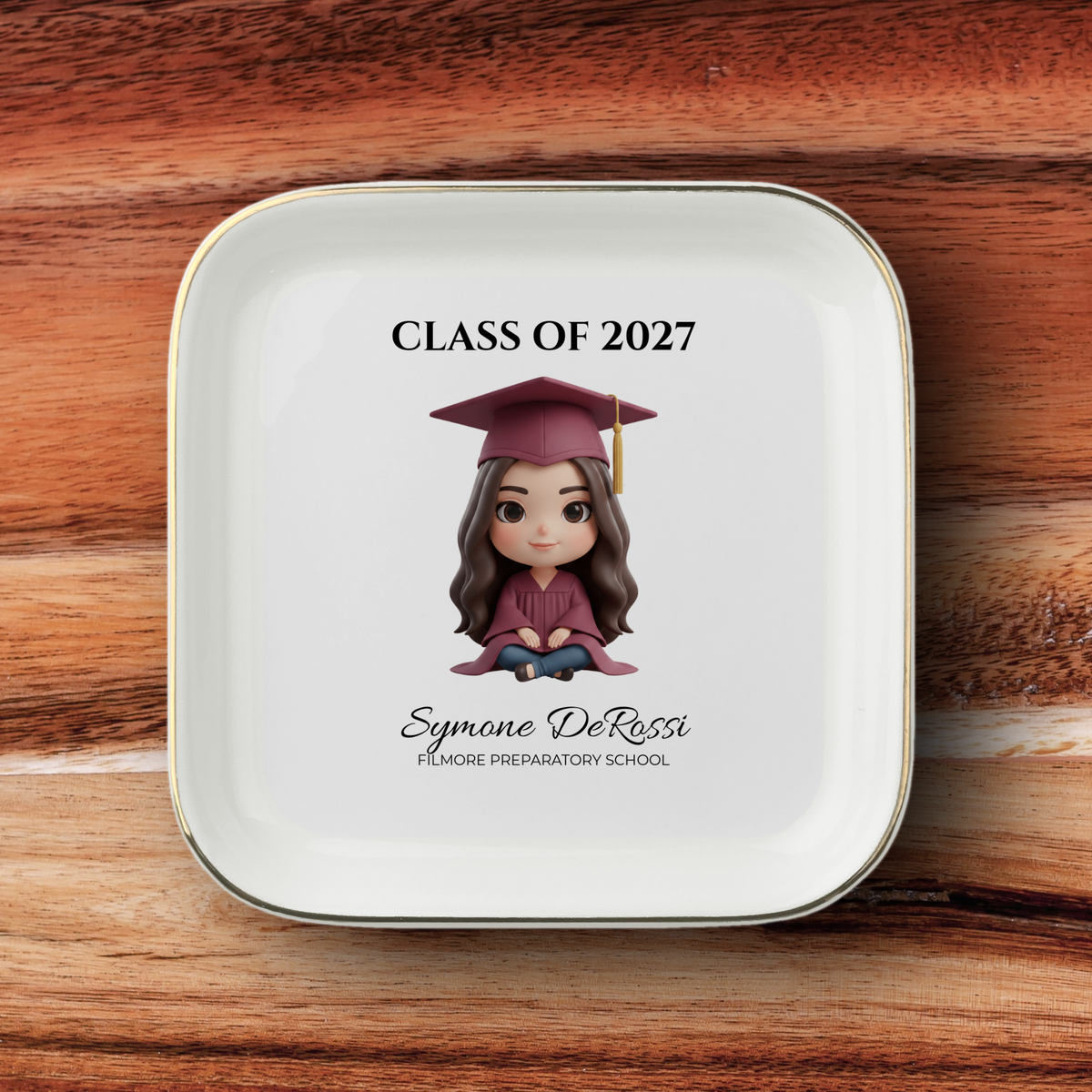 Custom Graduation Ring Dish (Maroon Cap & Gown) | Elegant Ceramic Keepsake Gift for Her