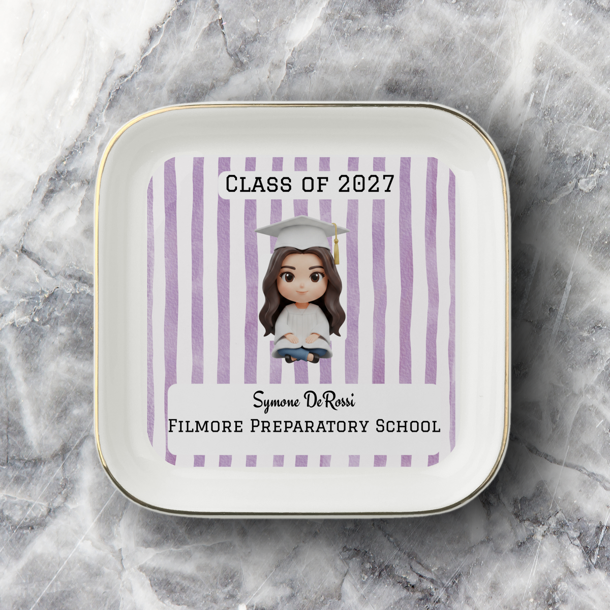 Custom Graduation Ring Dish (White Cap & Gown) | Elegant Ceramic Keepsake Gift for Her