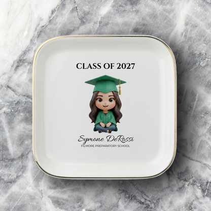 Custom Graduation Ring Dish (Emerald Green Cap & Gown) | Elegant Ceramic Keepsake Gift for Her