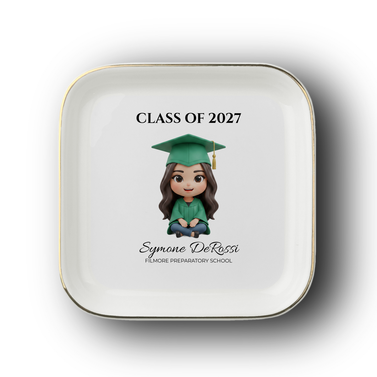 Custom Graduation Ring Dish (Emerald Green Cap & Gown) | Elegant Ceramic Keepsake Gift for Her