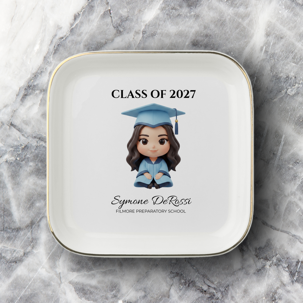 Custom Graduation Ring Dish (Sky Blue Cap & Gown) | Elegant Ceramic Keepsake Gift for Her