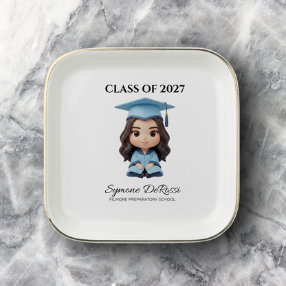 Custom Graduation Ring Dish (Sky Blue Cap & Gown) | Elegant Ceramic Keepsake Gift for Her