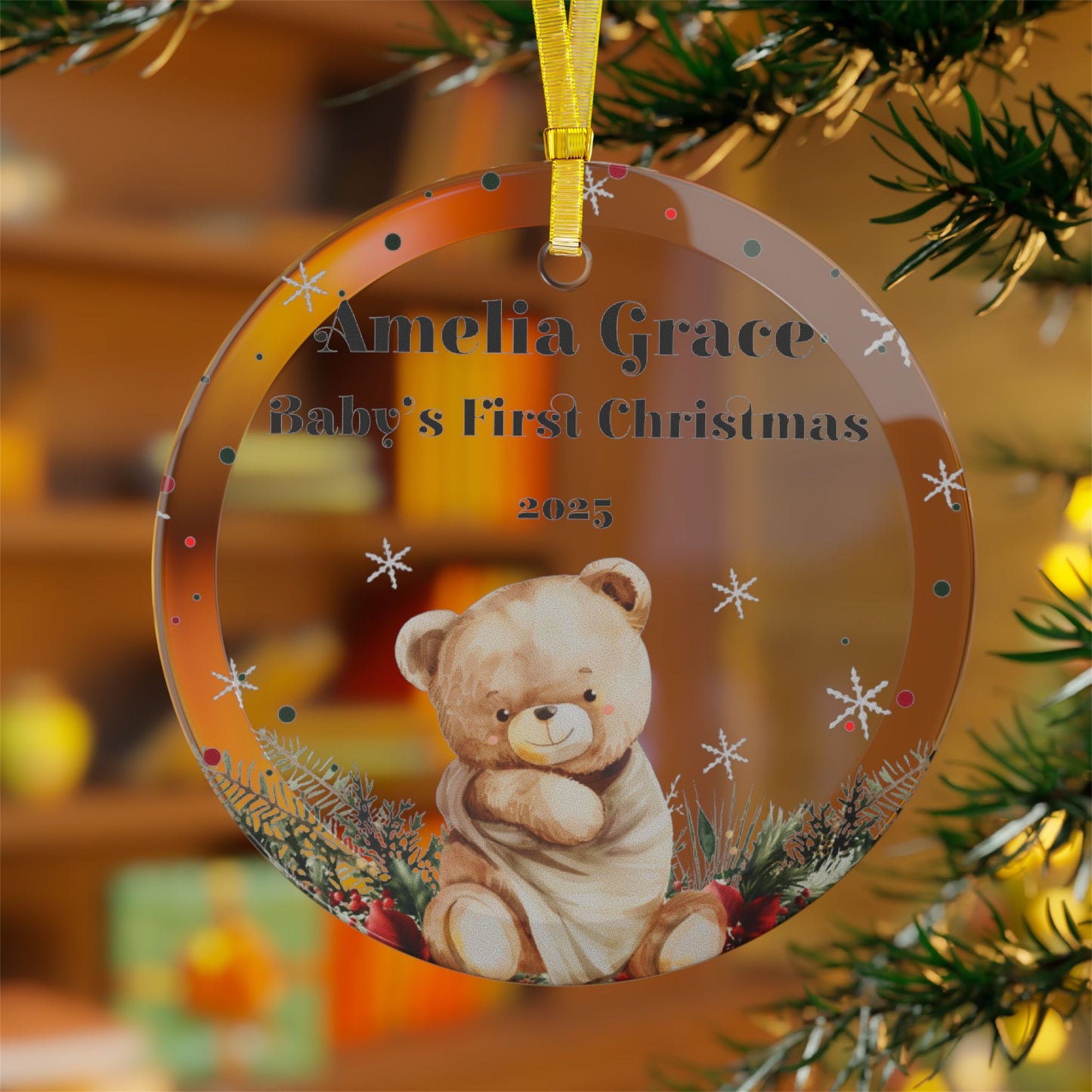 Personalized “Baby’s First Christmas” Glass Ornament | Custom Name & Year Keepsake – 3.5" Beveled Glass with Gold Ribbon