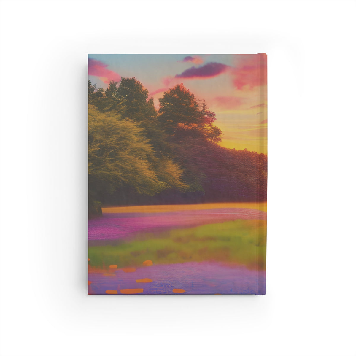 Back cover of Letters to My Mom remembrance journal featuring a peaceful sunset landscape in orange purple and pink