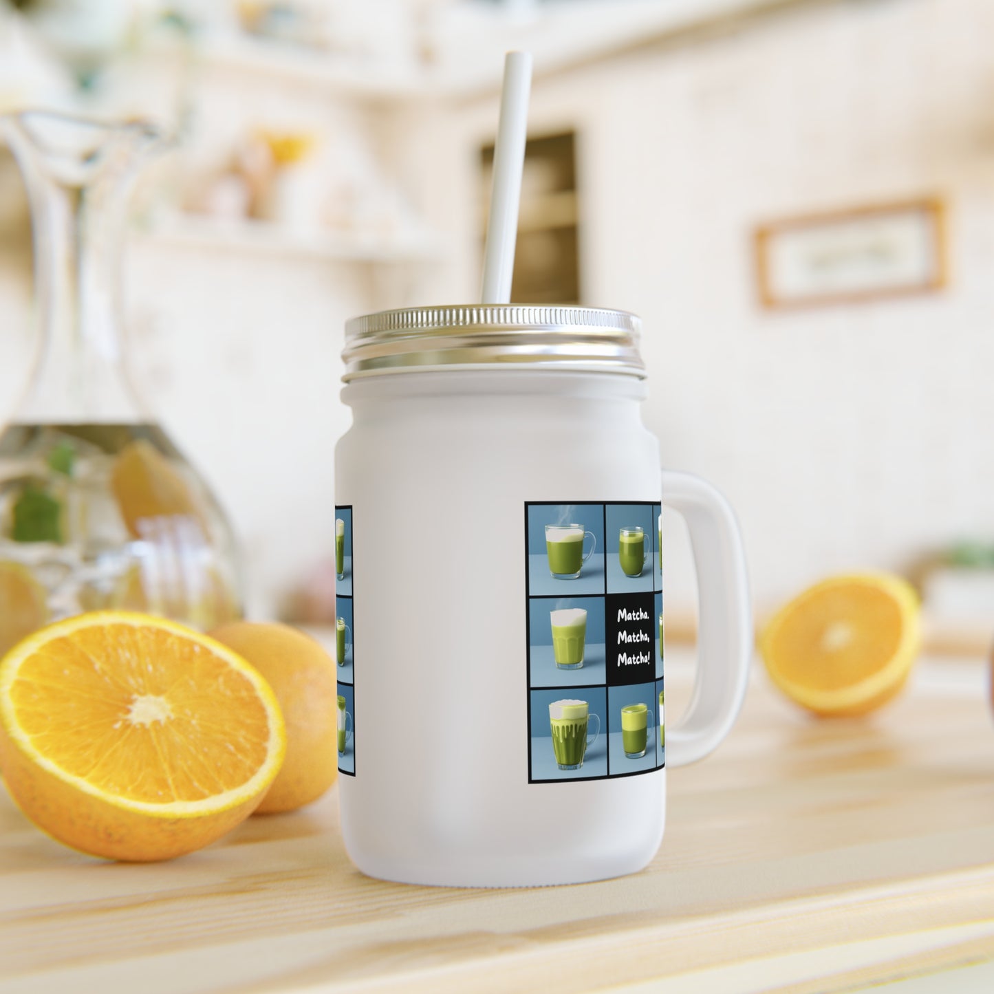 “Matcha, Matcha, Matcha” Frosted Mason Jar with Lid & Straw | Gen X Matcha Lover Gift – 12oz Reusable Glass Cup