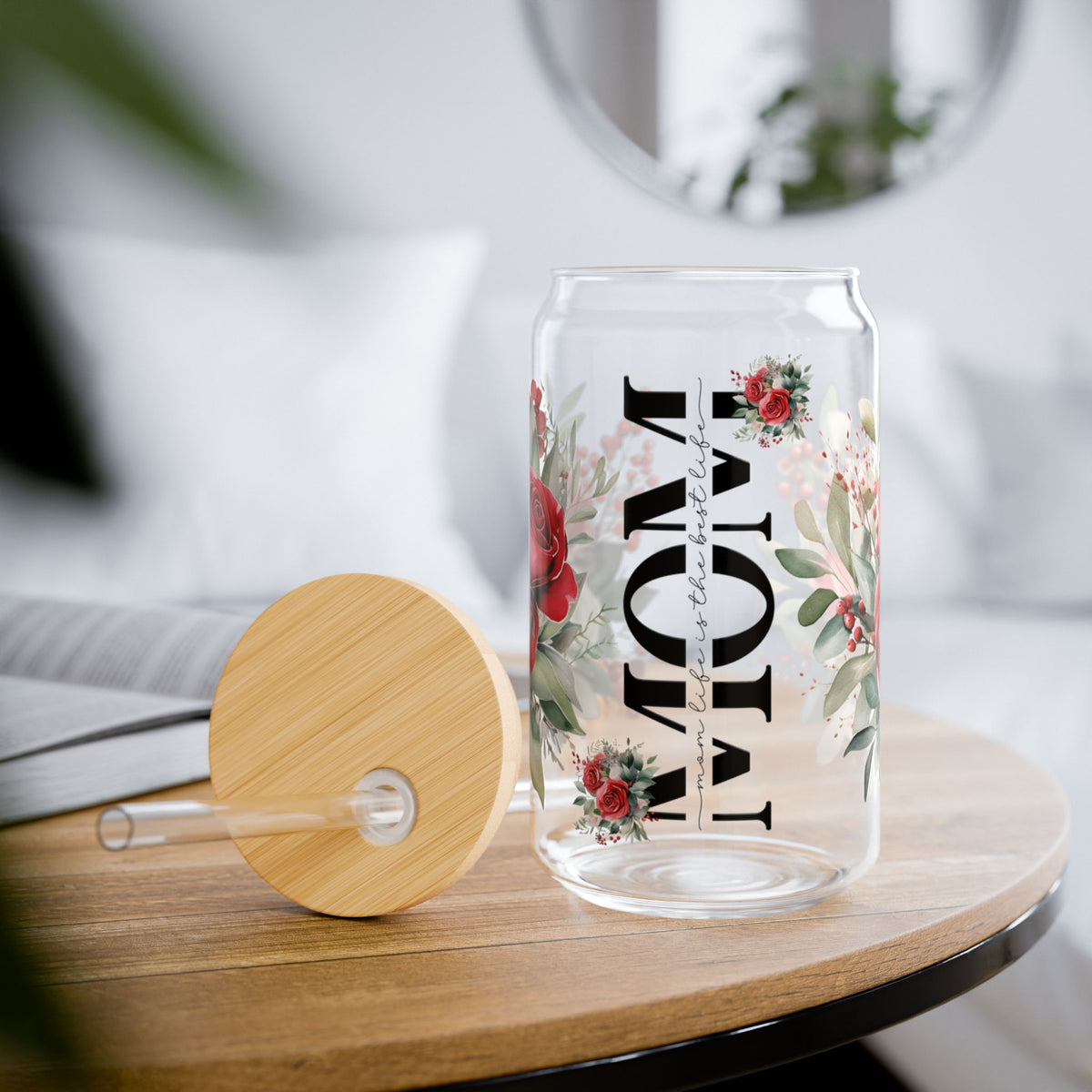 Mom Glass Can with Floral Design | 16oz Sipper Glass with Lid & Straw | Cute Mother’s Day Gift | Aesthetic Drinkware for Mom