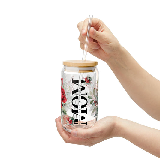 Mom Glass Can with Floral Design | 16oz Sipper Glass with Lid & Straw | Cute Mother’s Day Gift | Aesthetic Drinkware for Mom